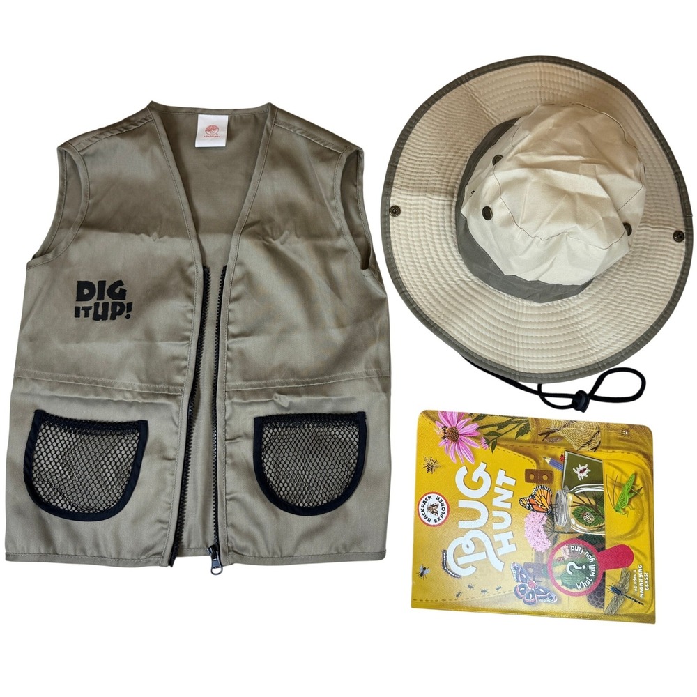 MindWare Dig It Up! Kids Explorer Vest Hat and Bug Hunt Book Adventure‎ Set Tan